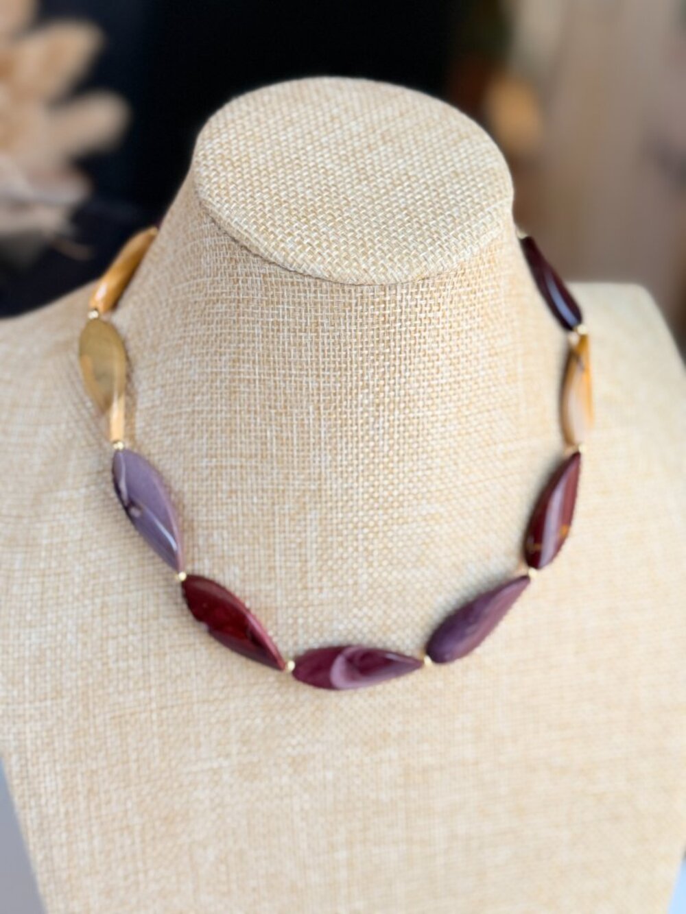 Natural Stone Statement Necklace Earth Tone Marquise Beads Unisex